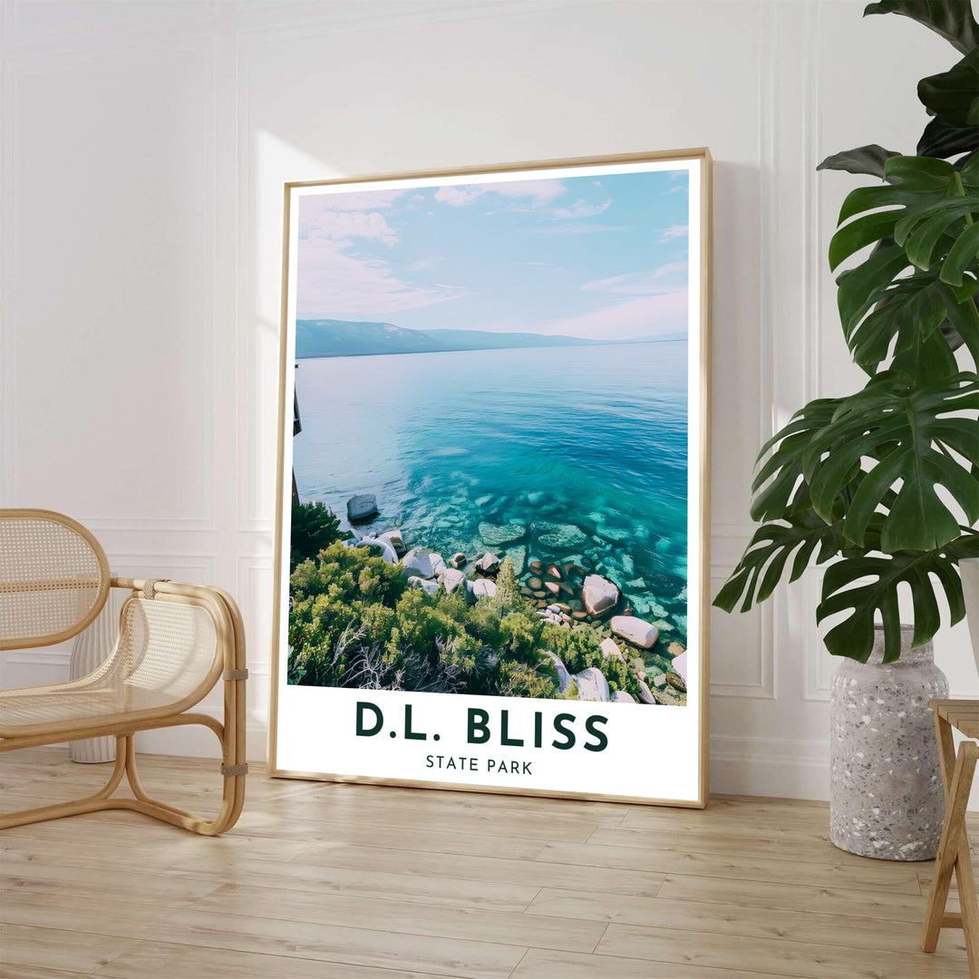 Detailed travel photograph showing D.L. Bliss State Park Rubicon Point shoreline motifs decorates this fine art print. Order custom framed, unframed, and canvas poster options at MapYourDreams.