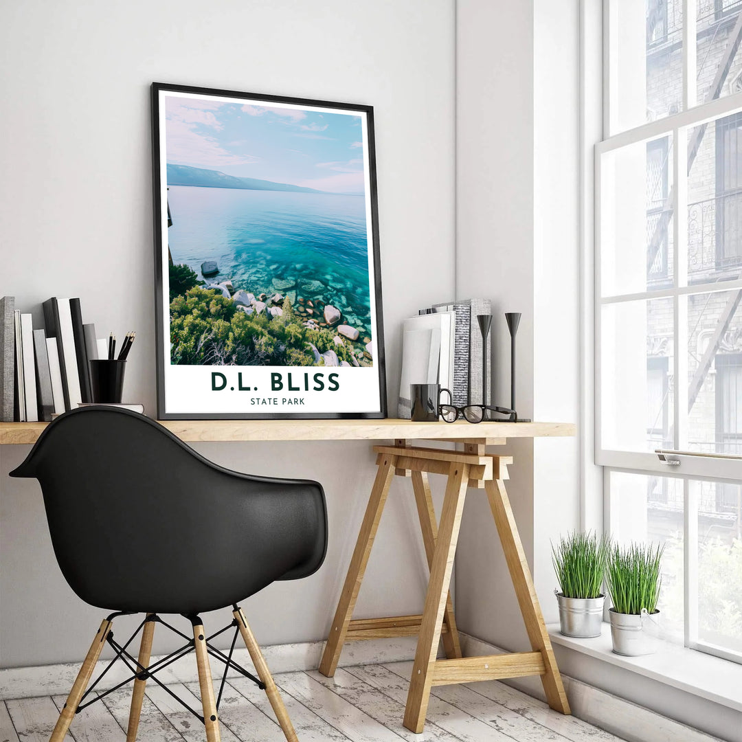 Panoramic photography artwork featuring D.L. Bliss State Park Rubicon Point at Lake Tahoe enriches living room wall decor. MapYourDreams features high-definition framed, unframed, and canvas formats.