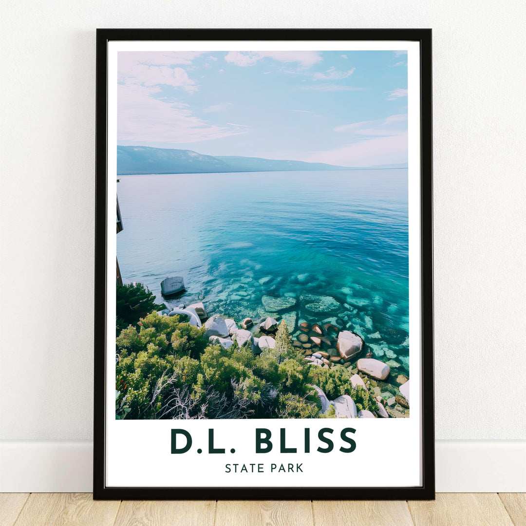 The D.L. Bliss State Park Rubicon Point Lake Tahoe travel poster showcases submerged granite boulders in translucent turquoise waters. MapYourDreams offers custom framed, unframed, and gallery canvas options for home decor.