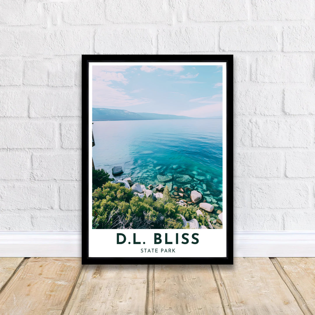 Submerged granite rocks and crystal-clear green water mark this D.L. Bliss State Park Rubicon Point poster. MapYourDreams delivers quality framed, unframed, and canvas print options for living space decor.