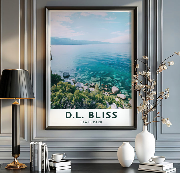 Bold green typography and vivid Lake Tahoe water mark this D.L. Bliss State Park Rubicon Point travel poster. MapYourDreams offers fine art framed, unframed, and gallery canvas poster options for wall decor.