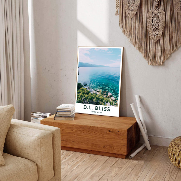 Scenic travel poster aesthetics with crystal-clear turquoise waters of D.L. Bliss State Park Rubicon Point shine in this wall print. MapYourDreams presents quality framed, unframed, and canvas options.