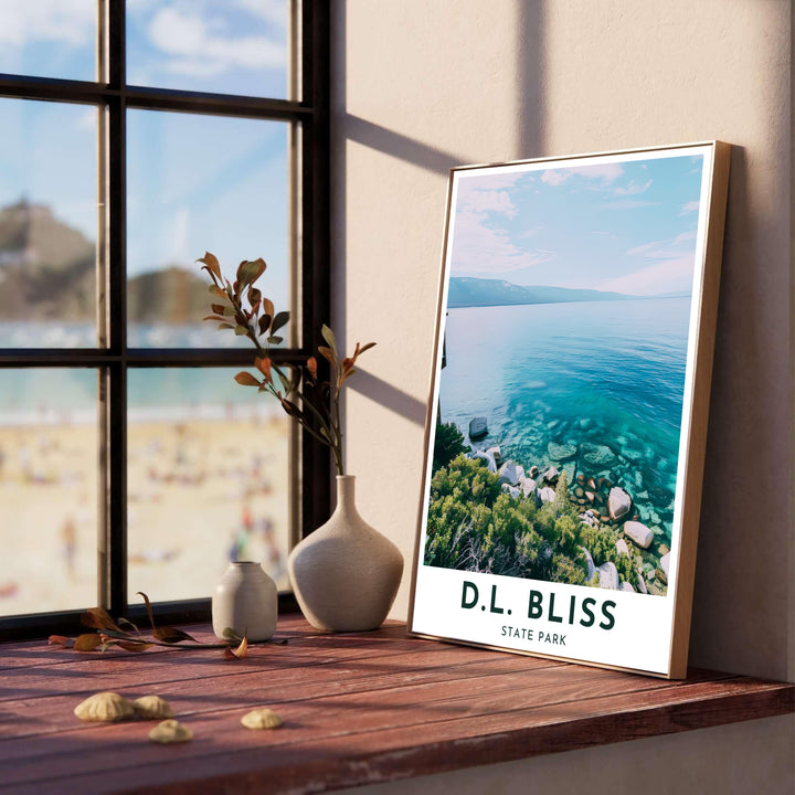 Soft pastel skies and clear turquoise shallows define this D.L. Bliss State Park Rubicon Point Lake Tahoe travel poster. Discover tailored framed, unframed, and stretched canvas print options at MapYourDreams.