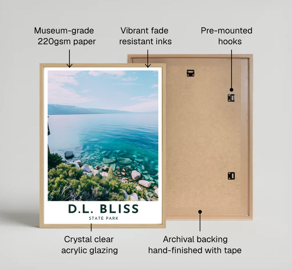 Clear aquamarine water and coastal foliage fill this D.L. Bliss State Park Rubicon Point print from Lake Tahoe near Emerald Bay. Select custom framed, unframed paper, or gallery canvas poster styles at MapYourDreams.