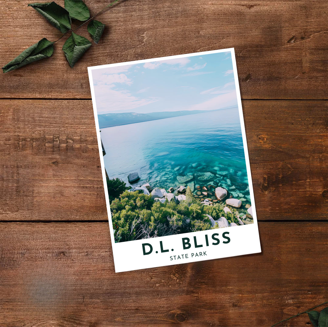 Historic Sierra Nevada lake photography and clean forest-green lettering highlight this D.L. Bliss State Park Rubicon Point poster. Select premium framed, unframed, and canvas options at MapYourDreams to update walls.