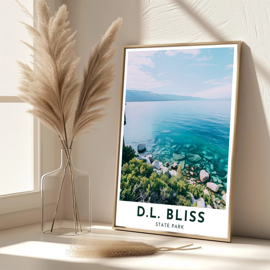 Serene West Coast coastal vibes and bright sunny water reflections define this D.L. Bliss State Park Rubicon Point poster print. MapYourDreams features framed, unframed, and canvas options for bedroom wall decor.
