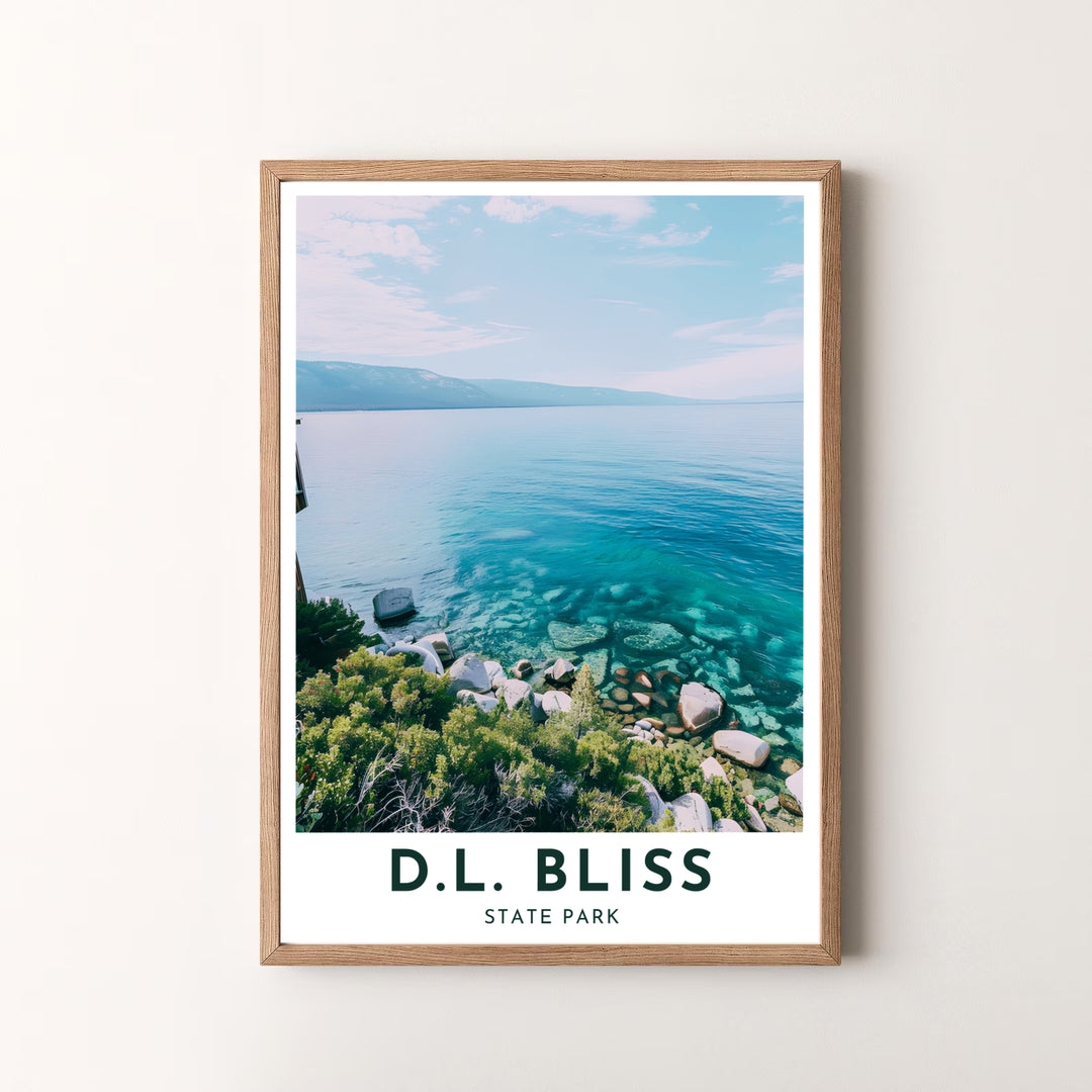 Peaceful alpine lake perspectives from D.L. Bliss State Park Rubicon Point at Lake Tahoe star in this travel poster print. MapYourDreams offers versatile framed, unframed, and canvas options.