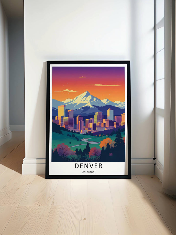 Grand Rocky Mountain peaks and a dense metropolitan core resting under a colorful evening sky in a clean vector travel design. This beautiful wall art makes an excellent housewarming gift as a canvas print, framed poster, or simple print.