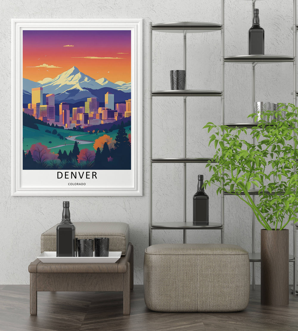 Colorado Rocky Mountain sunset poster featuring a towering snow-capped peak under a fiery orange and purple gradient sky. An elegant travel art style piece offered as a framed print, canvas, or fine art paper poster.