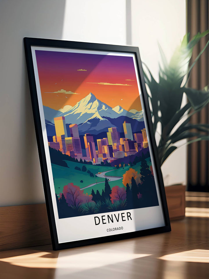 Denver graphic realism travel artwork illustrating a peaceful alpenglow perspective overlooking the western horizon. This beautiful landscape wall art by MapYourDreams comes as an unframed poster, gallery canvas, or custom framed print.