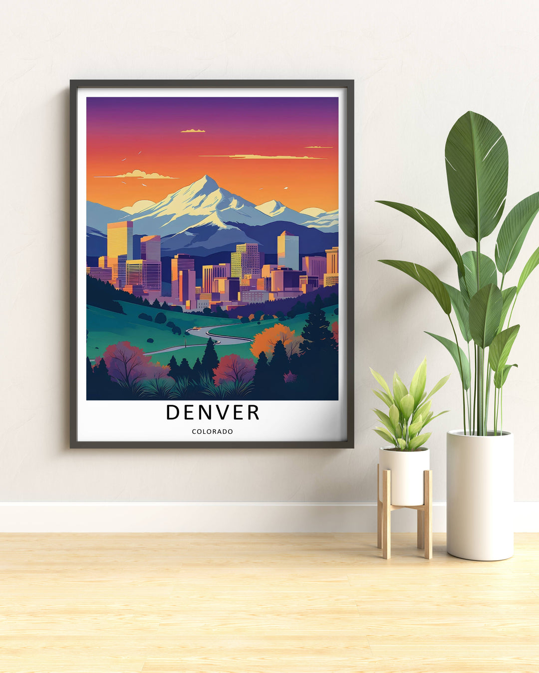 Artistic sunset print showing the sharp towers of downtown Denver beneath towering winter mountain crests. A scenic travel poster from MapYourDreams, crafted expertly as an unframed print, wood-framed art, or canvas.