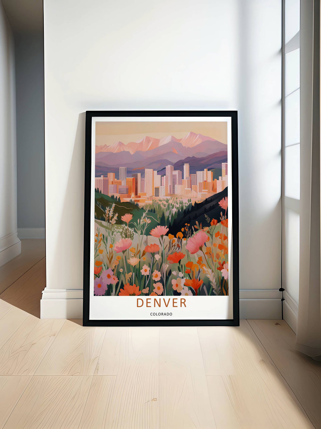 Alpine valley scene depicting clusters of wild spring blossoms, green leaves, and soft pastel hills. This MapYourDreams decorative print can be purchased as a premium canvas wrap or framed poster.