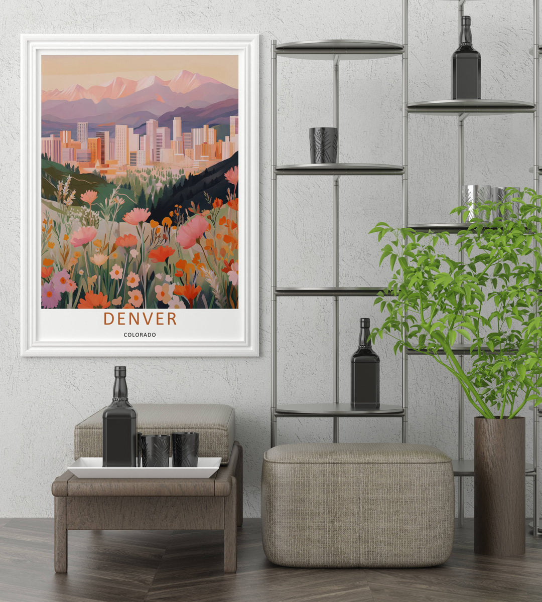 Artistic landscape print showing a meadow of pink and orange blooms beneath towering winter mountain crests. A scenic travel poster from MapYourDreams, crafted expertly as an unframed print, wood-framed art, or canvas.