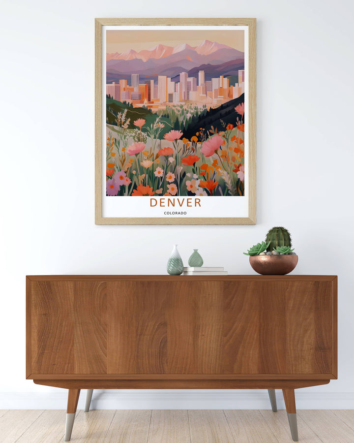 Grand Rocky Mountain peaks and a distant metropolitan core resting under a warm peach sky in a clean vector travel design. This beautiful wall art makes an excellent housewarming gift as a canvas print, framed poster, or simple print.