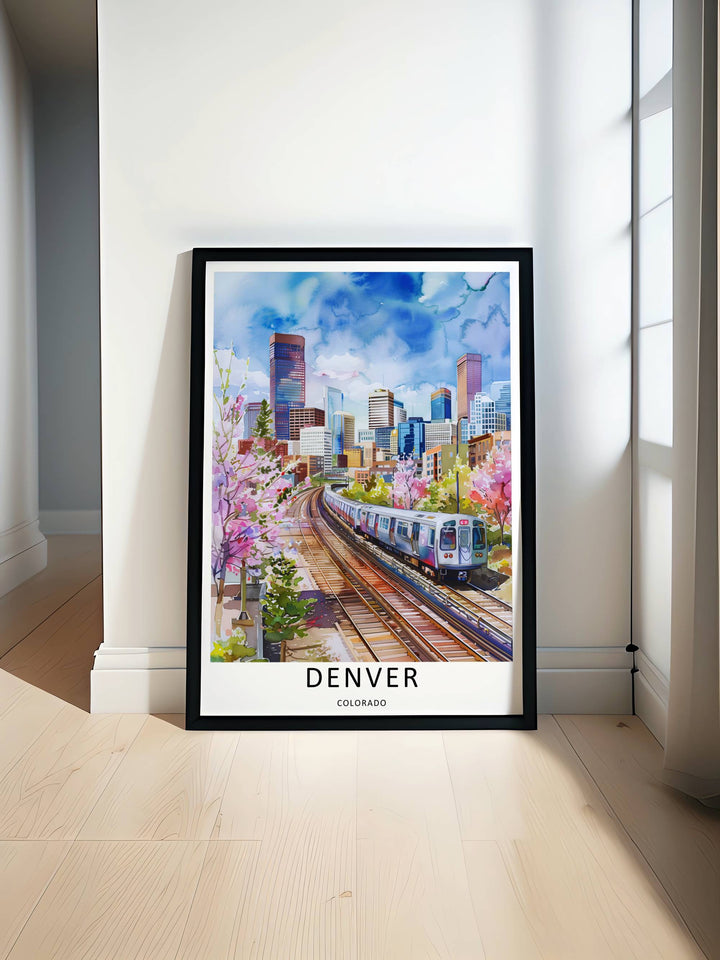 Denver transit travel artwork illustrating a vibrant, colorful transit corridor under a cloud-filled blue sky. This beautiful cityscape wall art by MapYourDreams comes as an unframed poster, gallery canvas, or custom framed print.