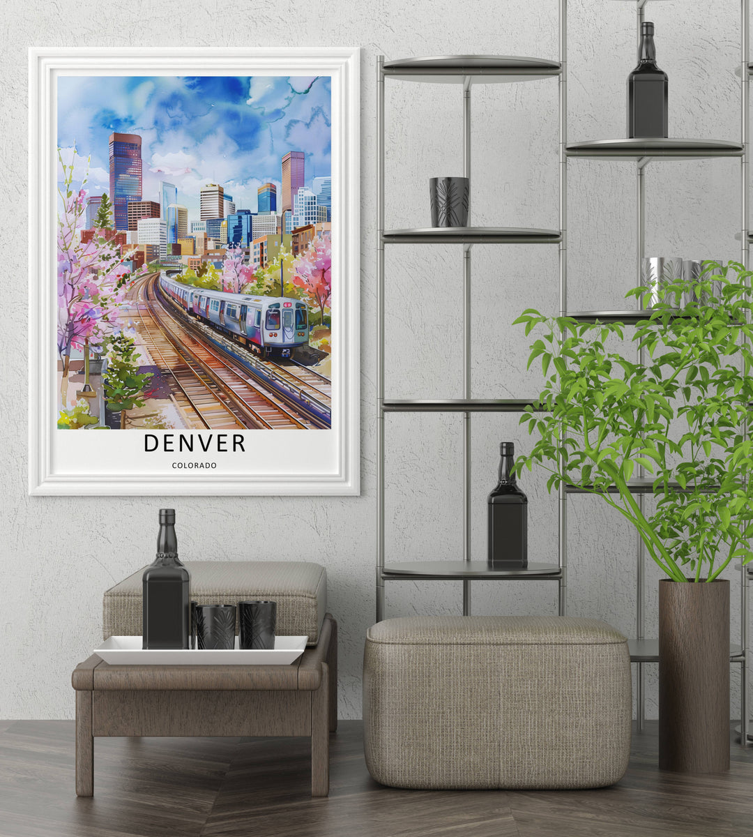 Downtown Denver skyline print showing high-rise office buildings rendered in fluid blue, red, and gold watercolor paint. High-quality wall decor available in versatile framed, canvas, and unframed print options.
