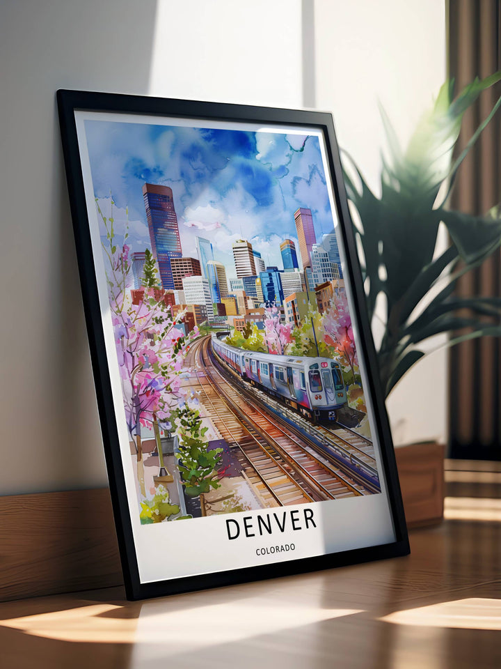 Colorado decorative travel art showcasing a stylized watercolor train track layout and active metropolitan lifestyle. This home decor piece is perfectly suited for modern rooms as a framed canvas print or simple paper poster.