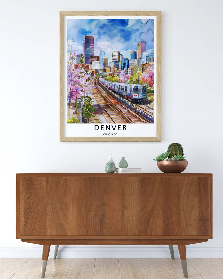 Fine art watercolor illustration of a Denver landmark cityscape view with a silver train, pink foliage, and blue sky. MapYourDreams wall decor offered in multiple sizes as an unframed print, framed print, or luxury canvas.