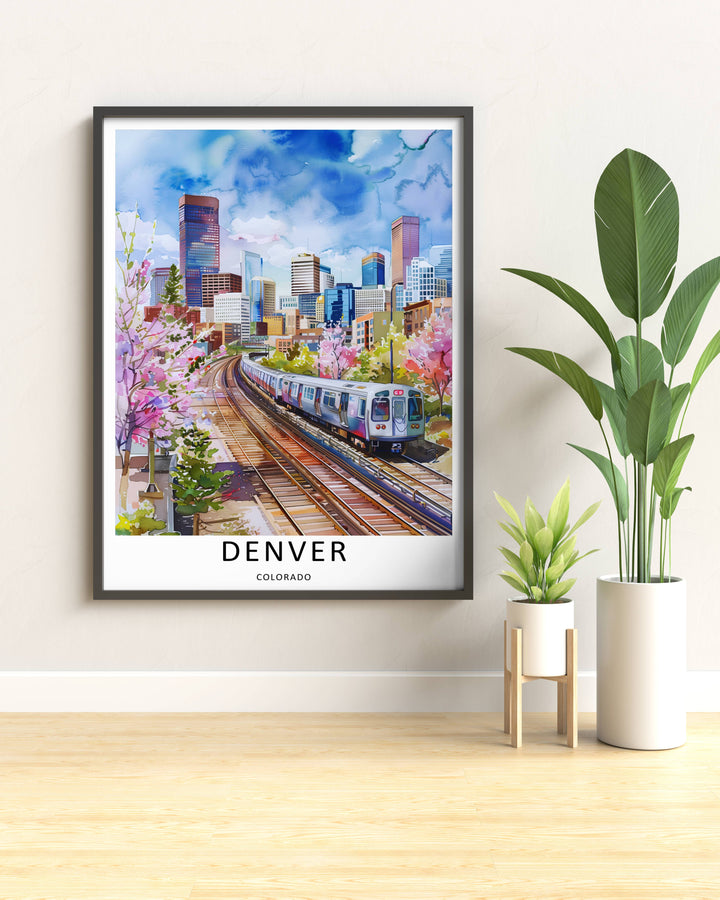 Colorado residential destination art print highlighting a unique modern graphic approach to the Mile High city transit lines. Elevate your gallery wall with this MapYourDreams poster available in framed, canvas, and print formats.
