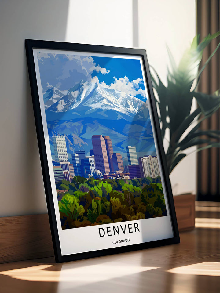 Fine art illustration of a Denver landmark view with a high-rise city center, lush green trees, and distant blue snow peaks. MapYourDreams wall decor offered in multiple sizes as an unframed print, framed print, or luxury canvas.