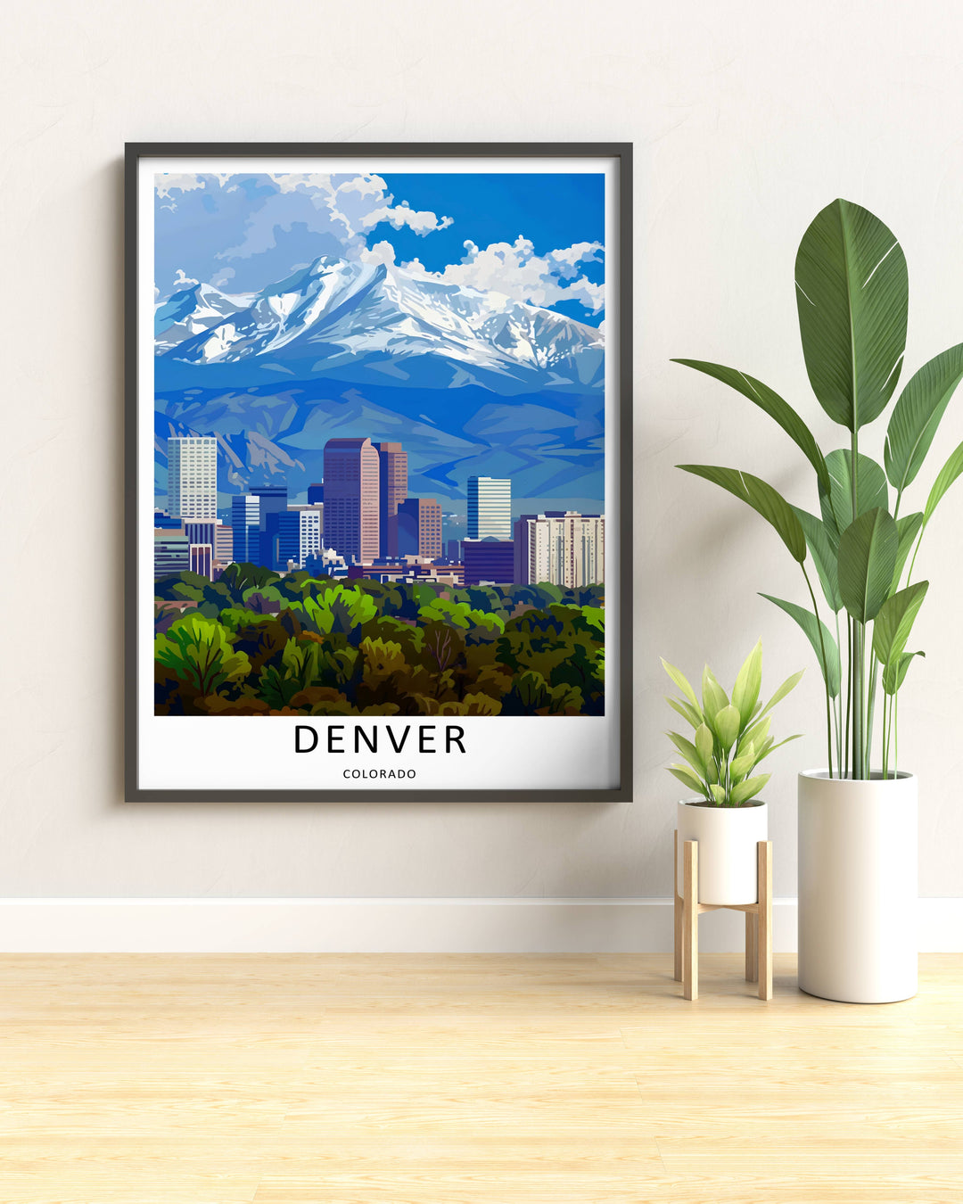 Textured look at a contemporary travel poster with deep blue mountain shadows, crisp white snow fields, and clean city architectural lines. A striking landscape wall print available from MapYourDreams as an unframed poster, framed art, or canvas.