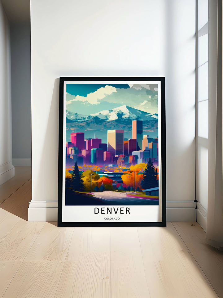 Denver mountain travel artwork illustrating a colossal teal and white snow ridge looming directly over a metropolitan grid. This beautiful landscape wall art by MapYourDreams comes as a gallery canvas or custom framed print.