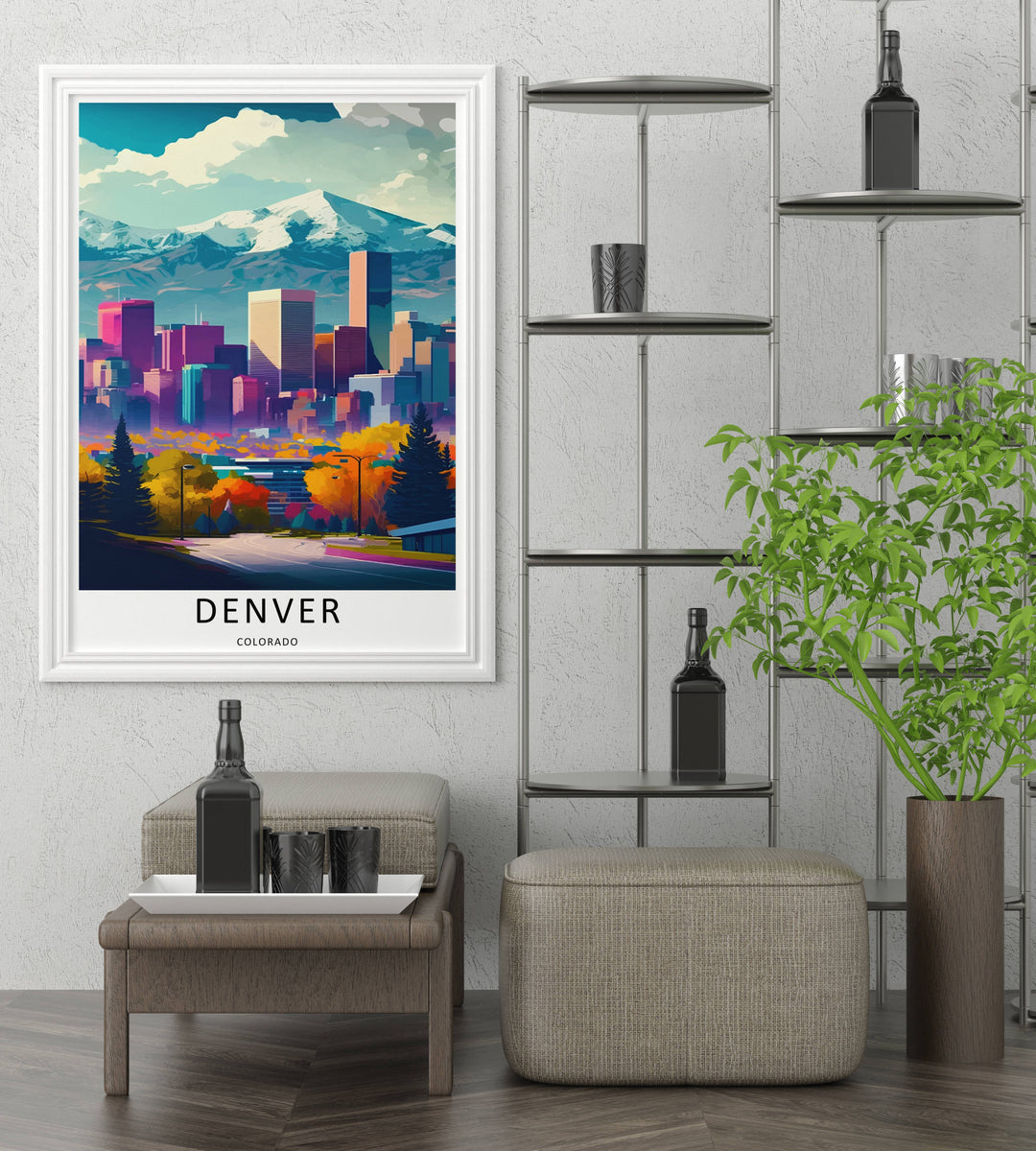 Downtown city skyline print showcasing tall skyscrapers and corporate office towers catching bright mid-day sunlight. High-quality wall decor available in versatile framed, canvas, and print options.