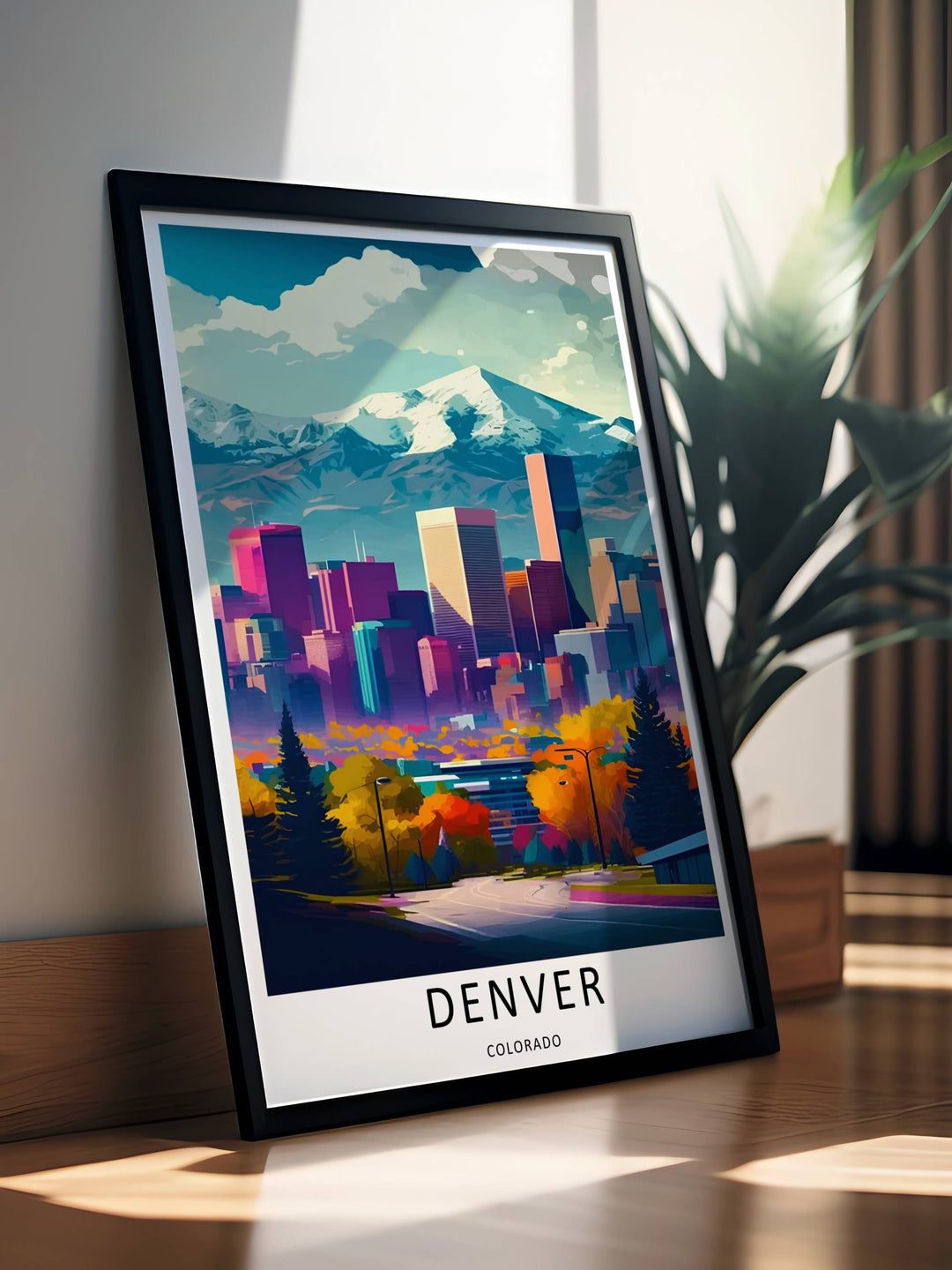 Denver graphic art capturing a clean white border layout, rich teal alpine peaks, and bright autumn tree details. This poster makes great western home wall art as a canvas, framed print, or poster.