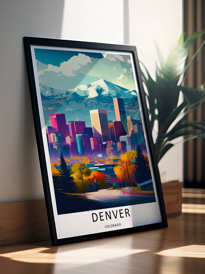Denver graphic art capturing a clean white border layout, rich teal alpine peaks, and bright autumn tree details. This poster makes great western home wall art as a canvas, framed print, or poster.