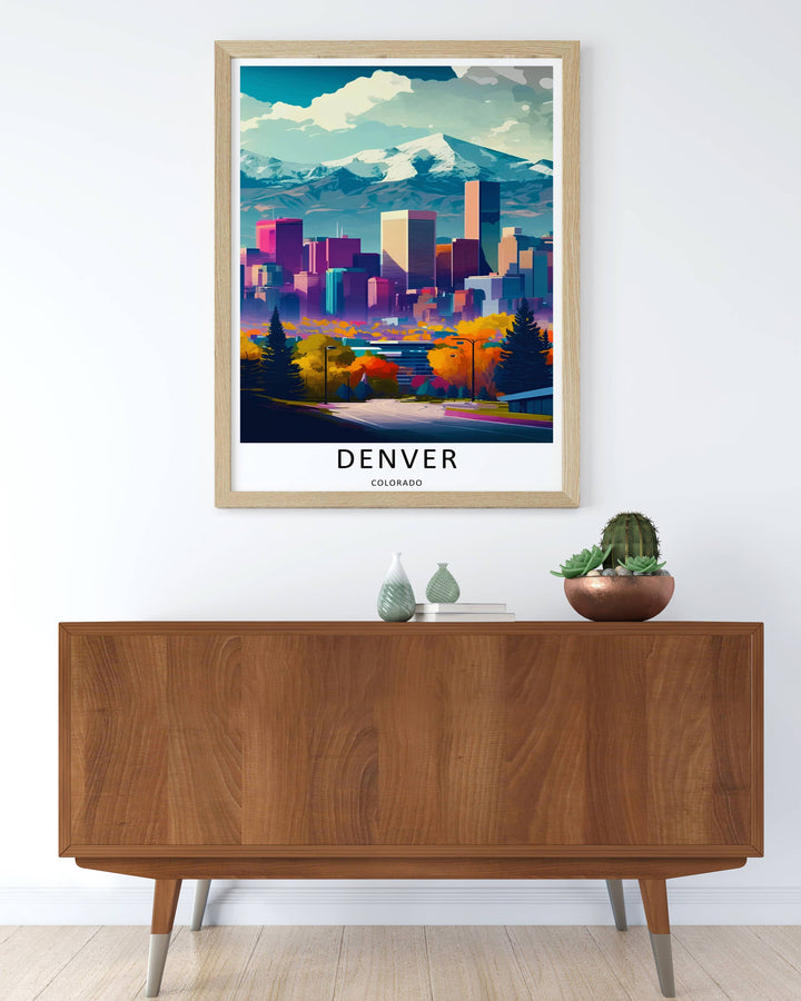 Colorado decorative travel art showcasing a stylized daylight layout, deep mountain ridges, and active outdoor park spaces. This home decor piece is perfectly suited for modern rooms as a framed canvas print or simple paper poster.