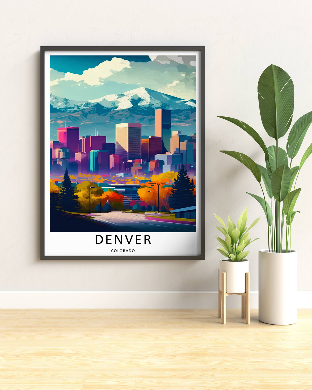 Fine art illustration of a Denver landmark view with a high-rise city center, lush autumn foliage, and distant snow peaks. MapYourDreams wall decor offered in multiple sizes as an unframed print, framed print, or luxury canvas.