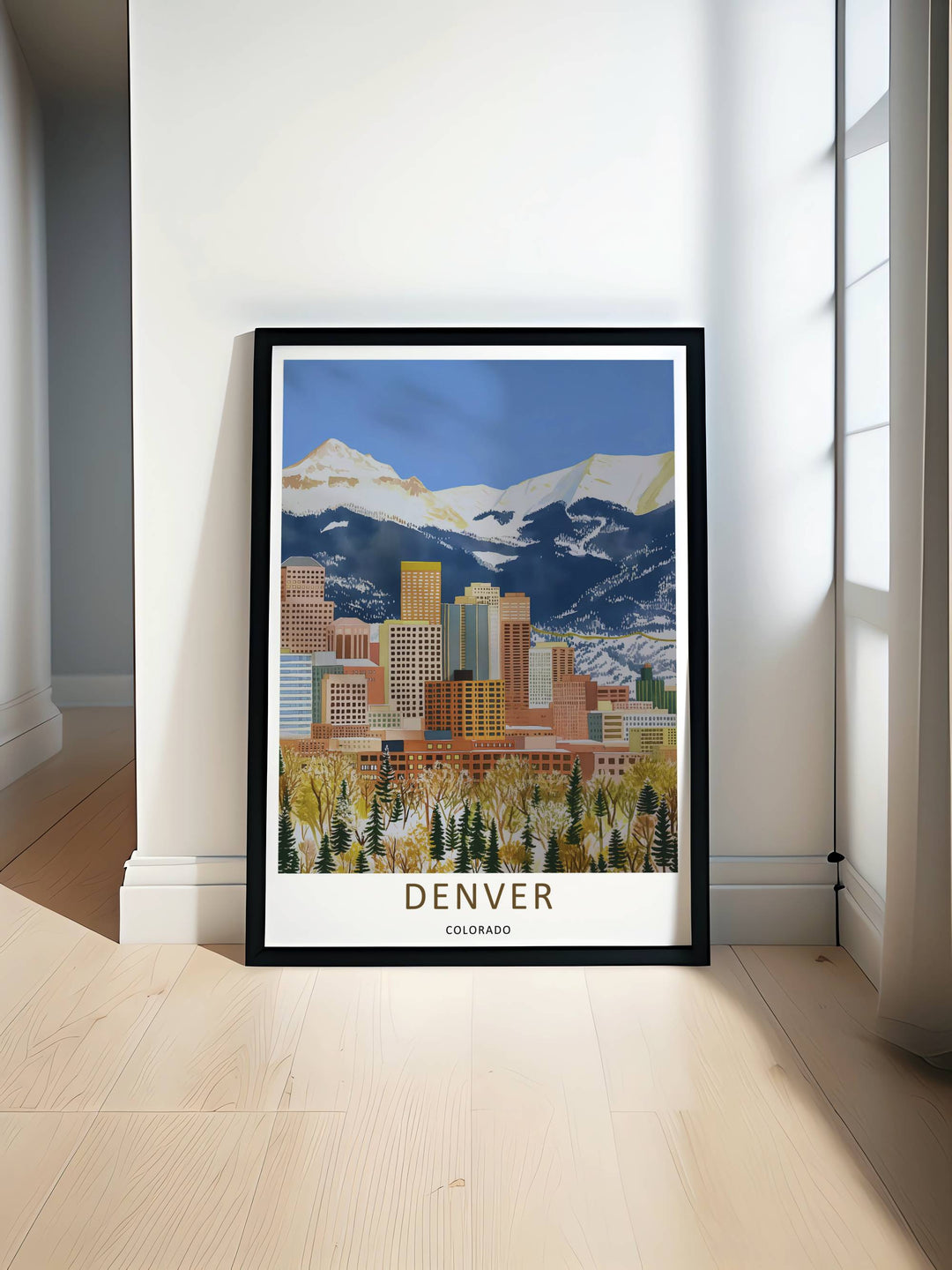 Artistic skyline print showing the sharp towers of downtown Denver with towering winter mountain crests. A scenic travel poster from MapYourDreams, crafted expertly as an unframed print, wood-framed art, or canvas.