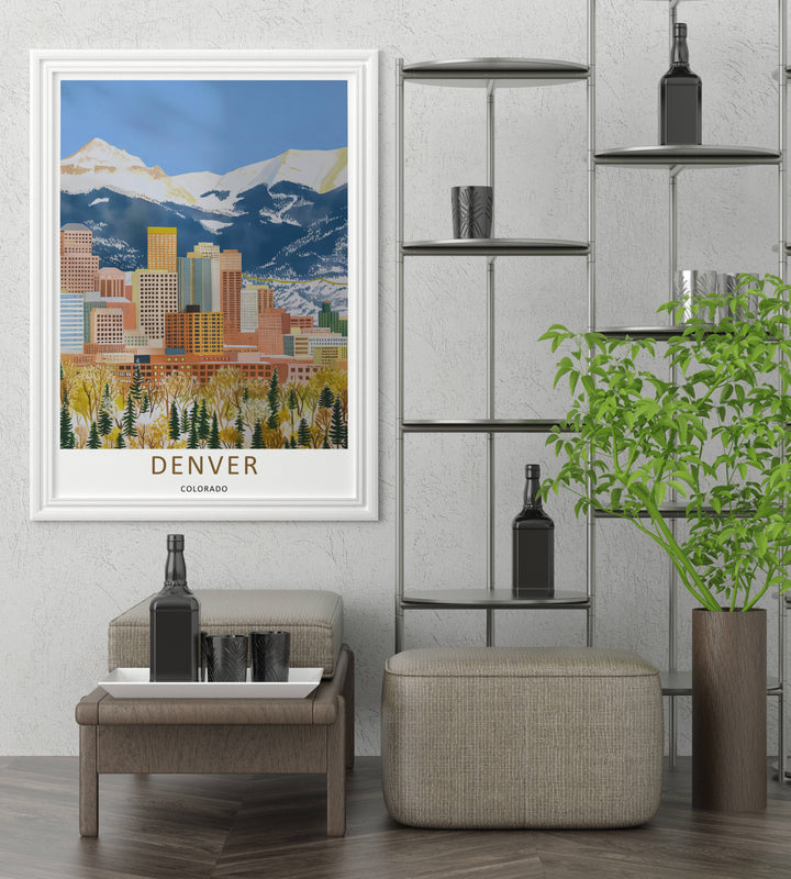 Colorado decorative travel art showcasing a stylized city grid layout, deep mountain ridges, and an active outdoor lifestyle. This home decor piece is perfectly suited for modern rooms as a framed canvas print or simple paper poster.
