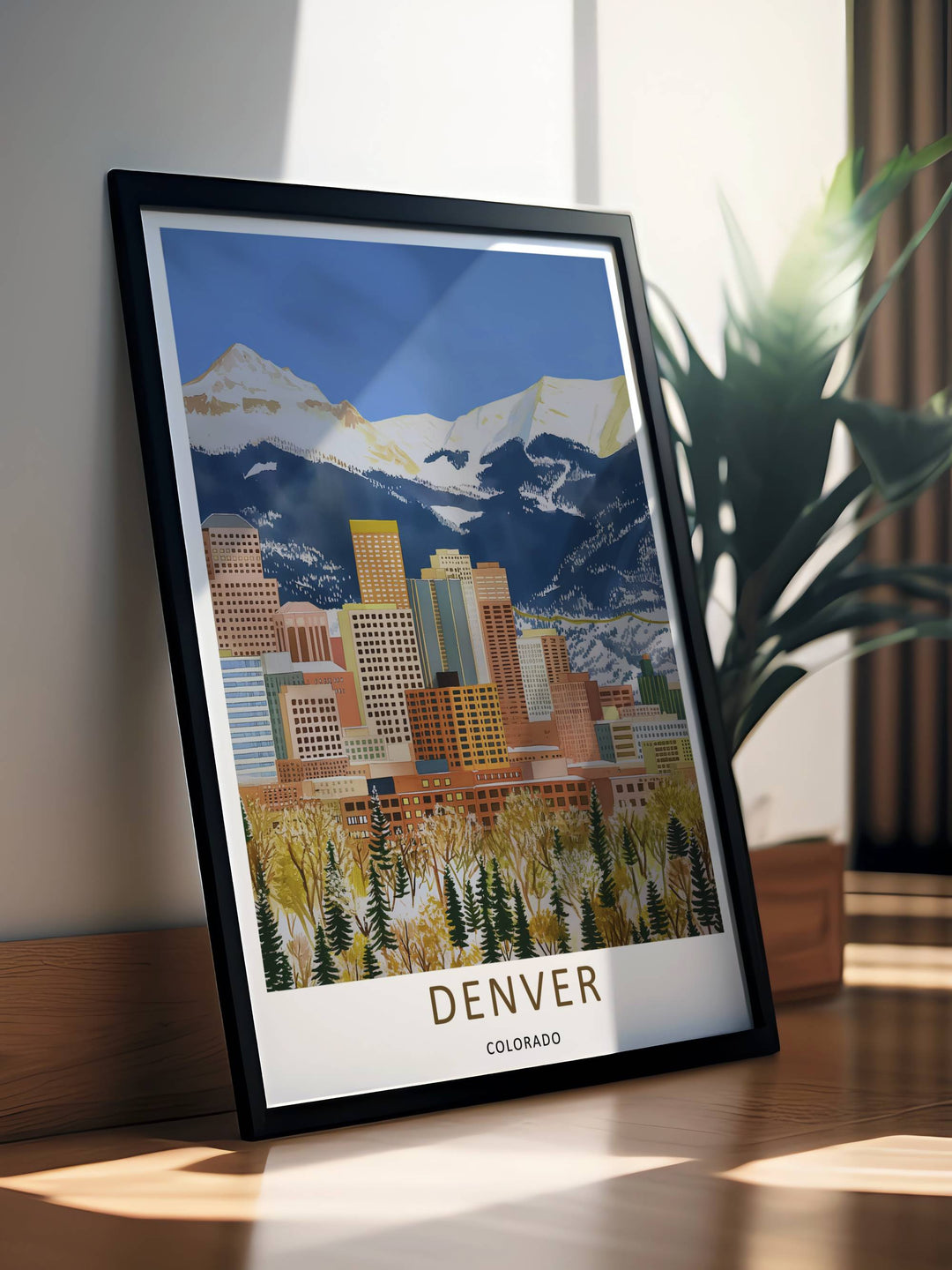 Fine art illustration of a Denver landmark view with a bright yellow skyscraper, green foliage, and distant snow peaks. MapYourDreams wall decor offered in multiple sizes as an unframed print, framed print, or luxury canvas.