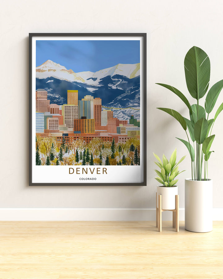 Colorado residential destination art print highlighting a unique modern graphic approach to the Mile High city center. Elevate your gallery wall with this MapYourDreams poster available in framed, canvas, and print formats.