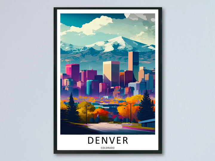 A Denver poster autumn mountain skyline art print showing a winding road and orange trees in front of a city skyline. This modern wall art is sold framed or as a canvas by MapYourDreams.