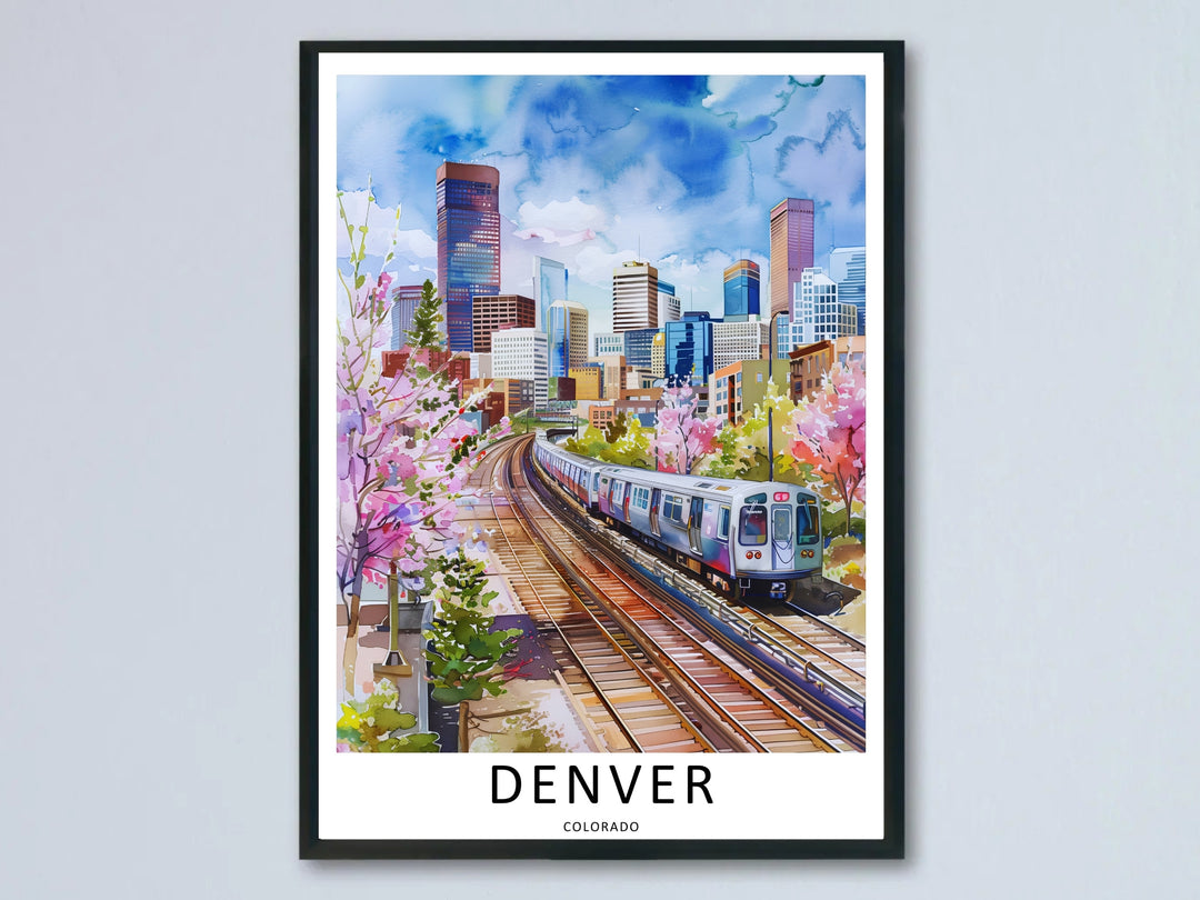 A Denver watercolor art print showing a silver passenger train on railroad tracks with a city skyline backdrop. This transit wall art is sold framed or as an unframed canvas by MapYourDreams.