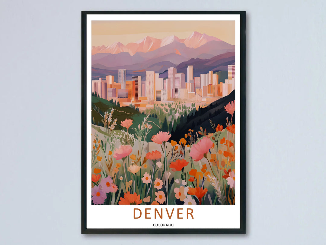 A Denver wildflower art print showing a dense foreground meadow looking out toward a distant cityscape at sunset. This mountain wall art is sold as a framed canvas or unframed poster by MapYourDreams.