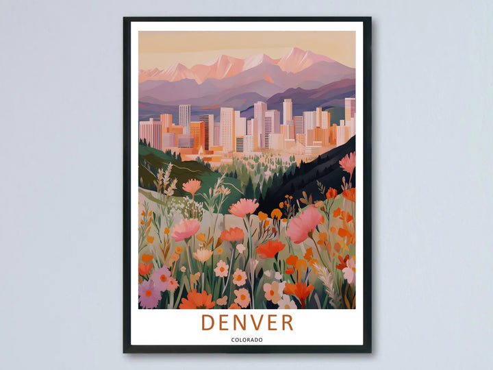 A Denver wildflower art print showing a dense foreground meadow looking out toward a distant cityscape at sunset. This mountain wall art is sold as a framed canvas or unframed poster by MapYourDreams.