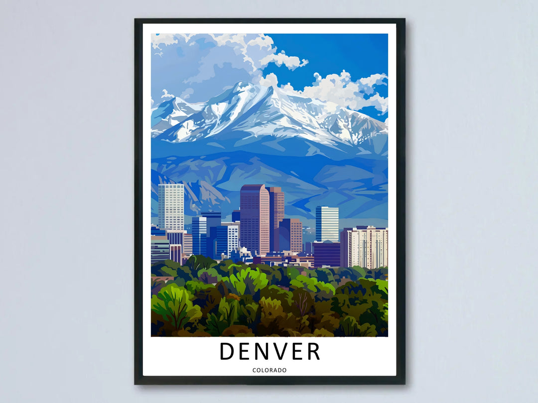 A Denver poster alpine blue mountain crest print showing a dense green tree canopy looking over a city skyline. This modern wall art is sold framed or as a canvas by MapYourDreams.