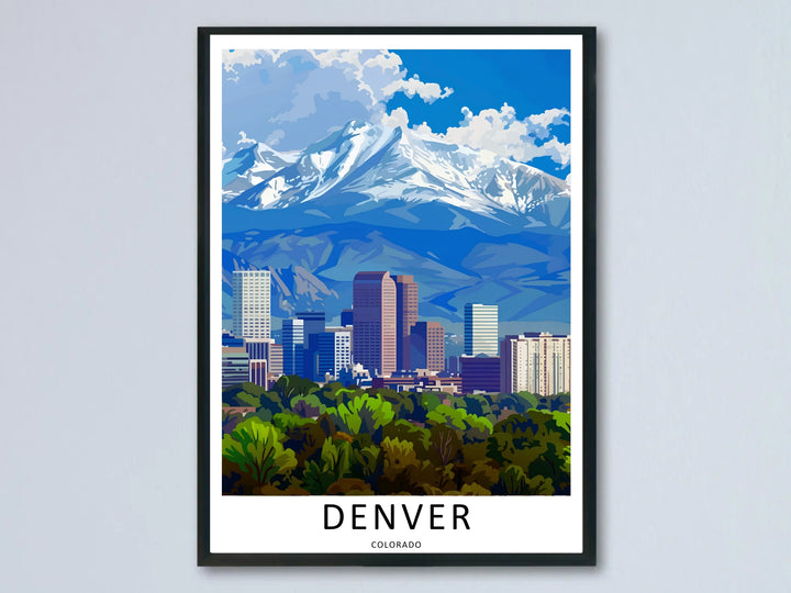 A Denver poster alpine blue mountain crest print showing a dense green tree canopy looking over a city skyline. This modern wall art is sold framed or as a canvas by MapYourDreams.
