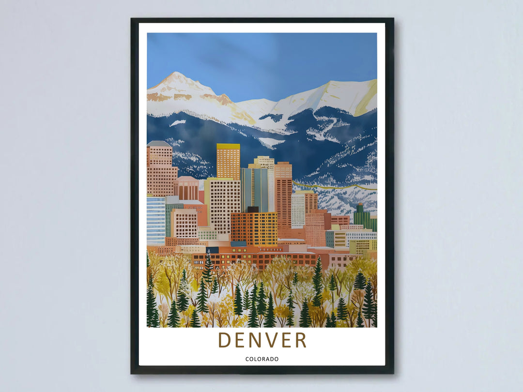 A Denver skyline retro poster showing a modern city skyline with snow-capped Rocky Mountains in the background. This Colorado wall art is sold as a framed canvas or unframed print by MapYourDreams.