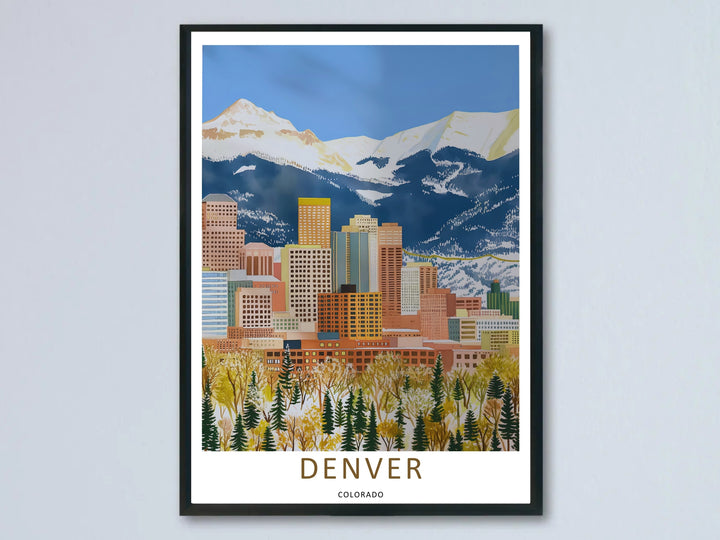A Denver skyline retro poster showing a modern city skyline with snow-capped Rocky Mountains in the background. This Colorado wall art is sold as a framed canvas or unframed print by MapYourDreams.