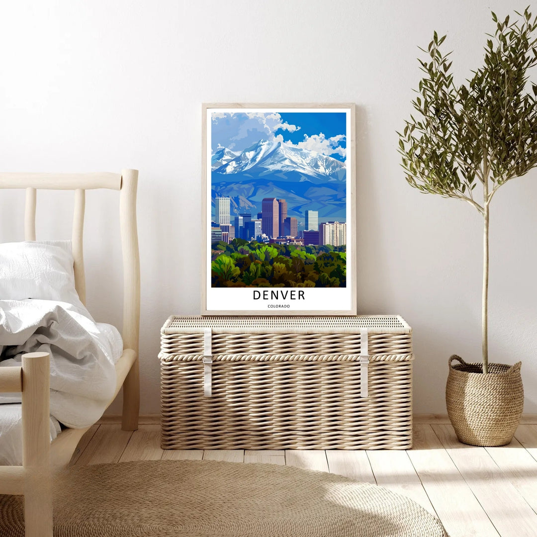 Denver graphic art capturing a clean white border layout, rich blue alpine peaks, and bright summer foliage details. This poster makes great western home wall art as a canvas, framed print, or poster.