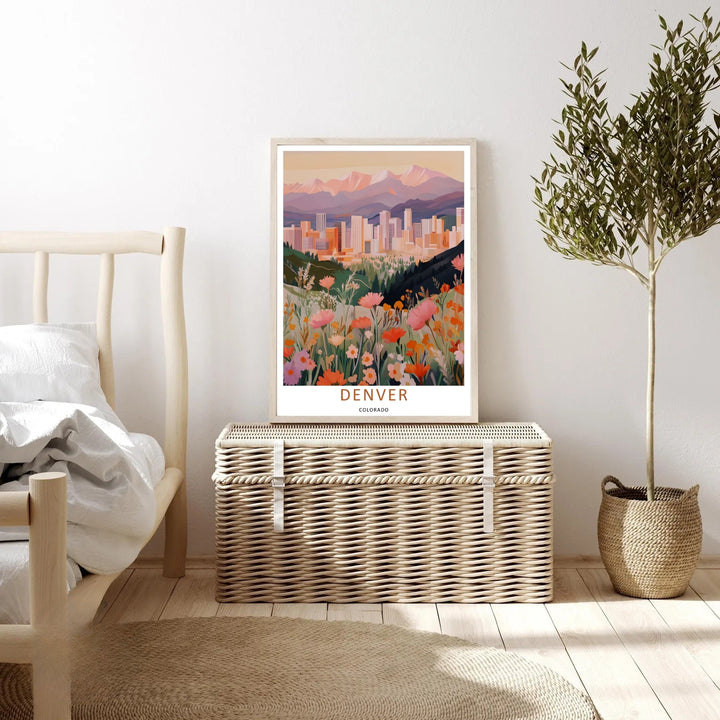 Denver graphic design capturing a clean white border layout, soft-focus alpine peaks, and bright floral accent details. This poster makes great western home wall art as a canvas, framed print, or poster.