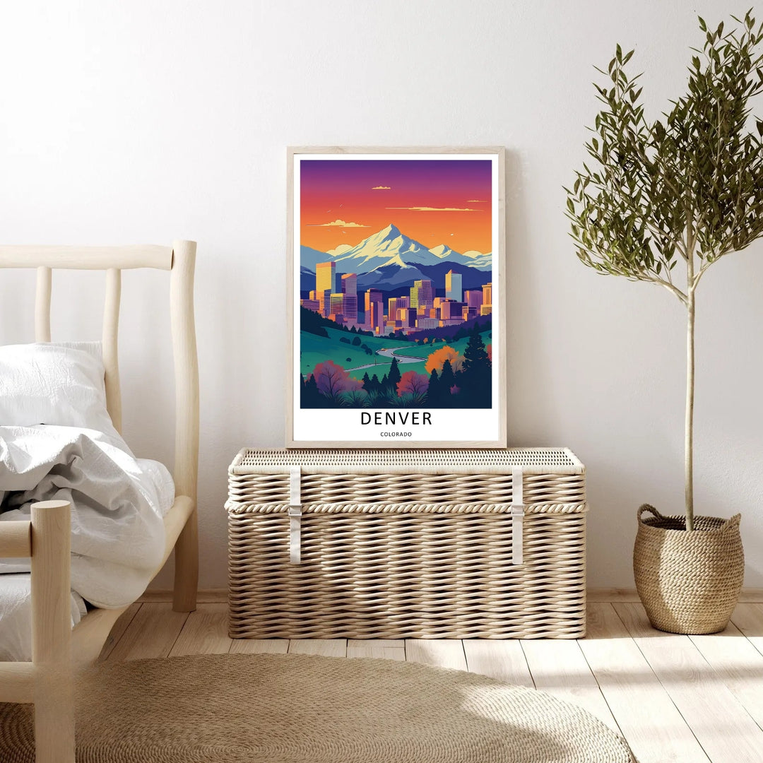 Fine art illustration of a Denver landmark view with a bright yellow skyscraper, green foliage, and distant snow peaks. MapYourDreams wall decor offered in multiple sizes as an unframed print, framed print, or luxury canvas.