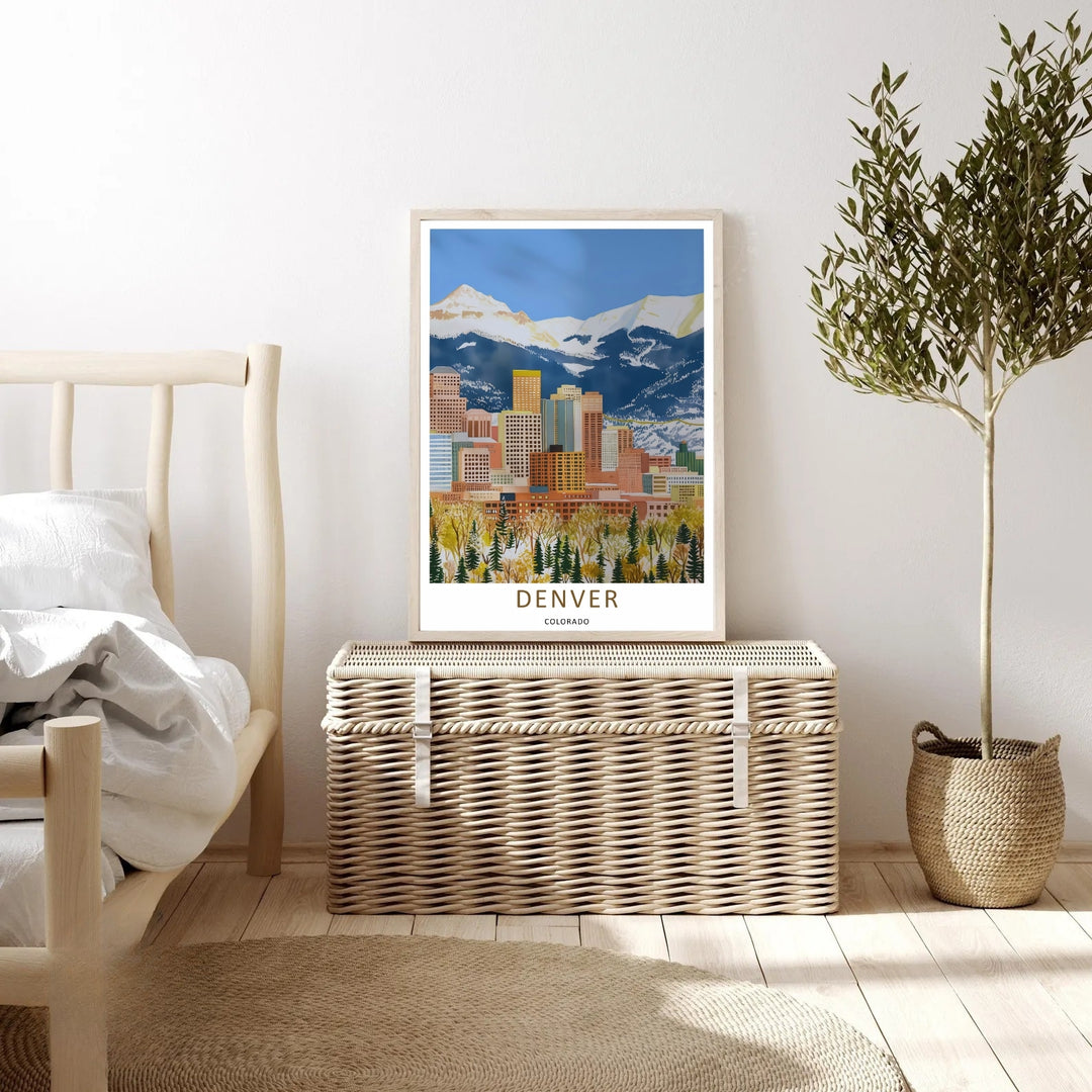 Denver graphic realism travel artwork illustrating a peaceful afternoon perspective overlooking the Colorado foothills. This beautiful landscape wall art by MapYourDreams comes as an unframed poster, gallery canvas, or custom framed print.