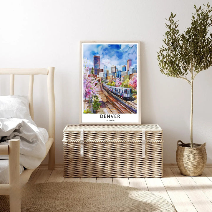 Denver graphic watercolor print capturing a clean white border layout, rich pink floral tones, and architectural skyscrapers. This poster makes great modern home wall art as a canvas, framed print, or poster.