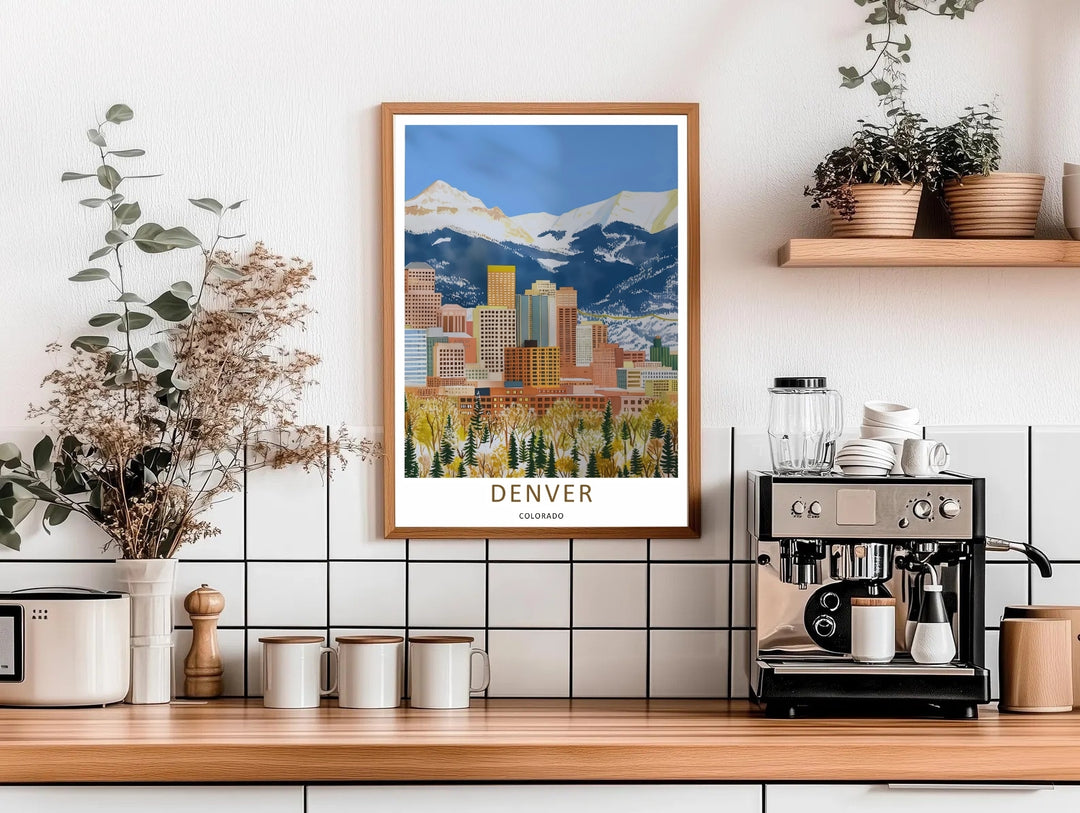 A modern city skyline nestled directly beneath a massive, snow-covered mountain range in a retro illustration style. A striking poster design perfect for living room decor as a canvas print, framed art, or poster.