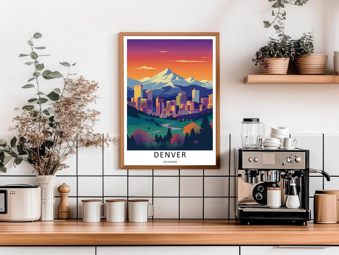 A modern city center nestled directly beneath a massive, snow-covered mountain peak during a dramatic golden hour. A striking poster design perfect for living room decor as a canvas print, framed art, or poster.